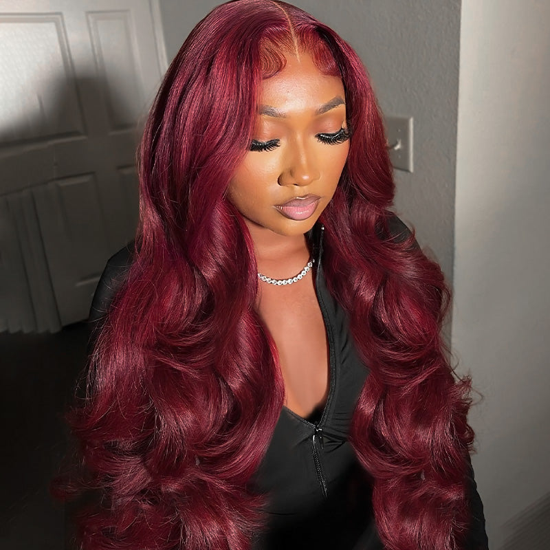 Vibrant 99J Burgundy body wave bundles with rich, multi-dimensional color for a bold, head-turning style