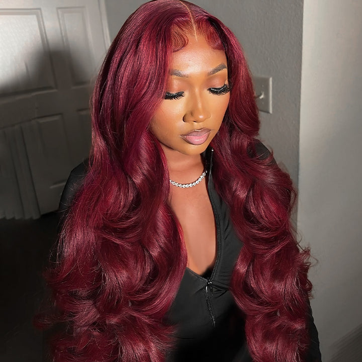 Vibrant 99J Burgundy body wave bundles with rich, multi-dimensional color for a bold, head-turning style