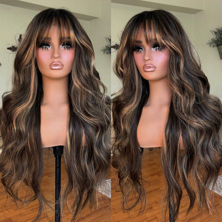 Ishow 13x4 Lace Front Balayage Highlights Human Hair Wigs Ready To Wear Wigs With Invisible Drawstring Loose Body Curtain Bangs Wig