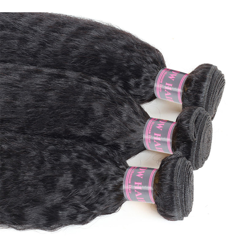 Three Bundles of Natural Black Yaki Straight Human Hair With Pink Labels