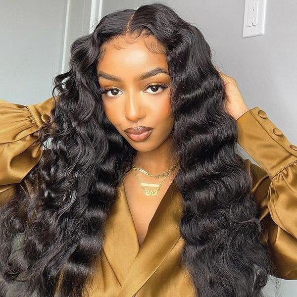 Model Showcasing Loose Deep Wave Human Hair Wig in Natural Black Color