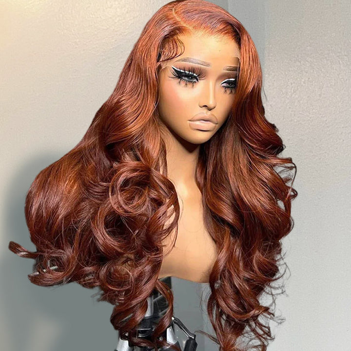 Mannequin With Dark Copper Ginger Brown Loose Body Wave Wig Styled in Soft Curls