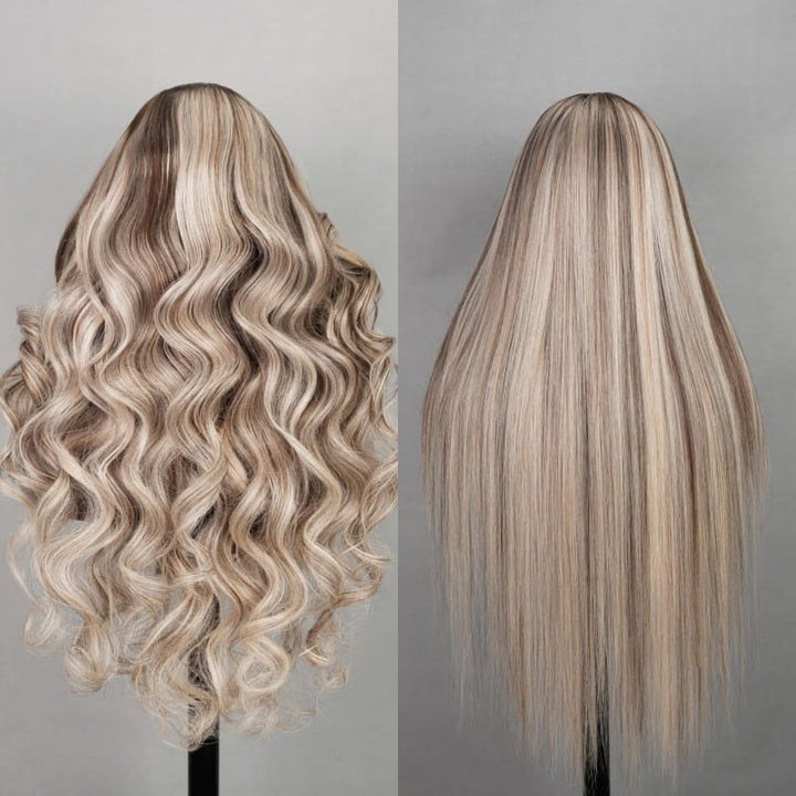 P18/613 Blonde Highlight Body Wave and Straight Wig Displayed On a Stand