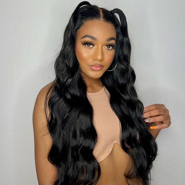 Model Showcasing Body Wave Glueless Lace Frontal Wig in Natural Black Color