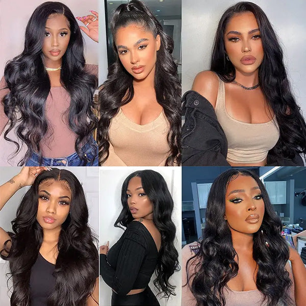Models Showcasing Brazilian Body Wave Hair Wigs in Natural Black Color