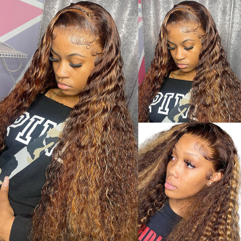 Honey Blonde Highlights Water Wave Wig Styled With Beautiful Curls