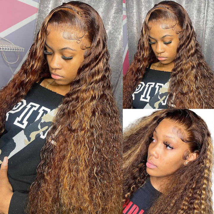 Honey Blonde Highlights Water Wave Wig Styled With Beautiful Curls