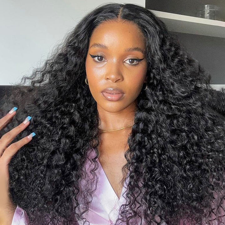 Model With Deep Wave Lace Front Wig Next to Hair Bundles for Sale