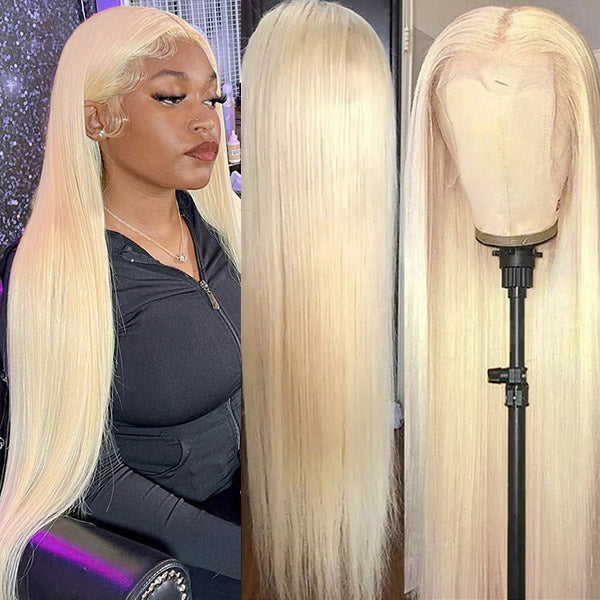 Long Honey Blonde Straight Wig Displayed On a Mannequin and Worn By a Model