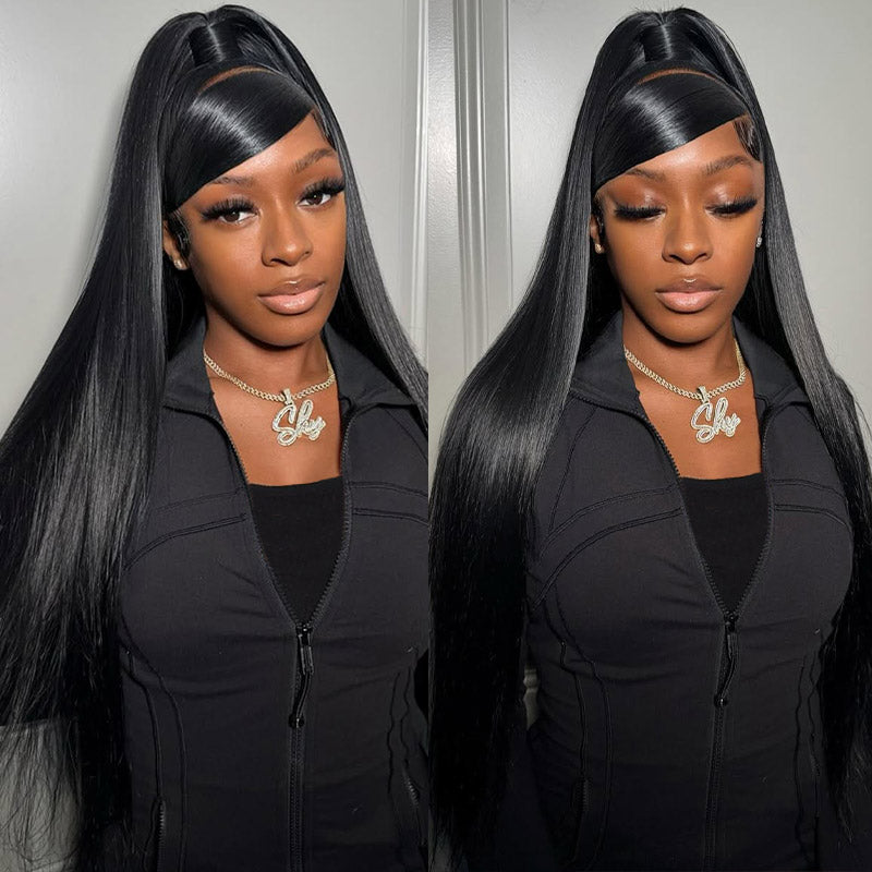 Long Black Straight Hair Frontal Wig On a Woman With a Ponytail