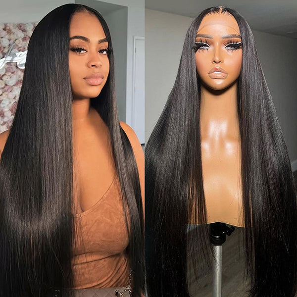 Ishow 4x4 Lace Closure Wig with straight Brazilian human hair, 30 inches long, 250% density shown on a woman and a mannequin head.
