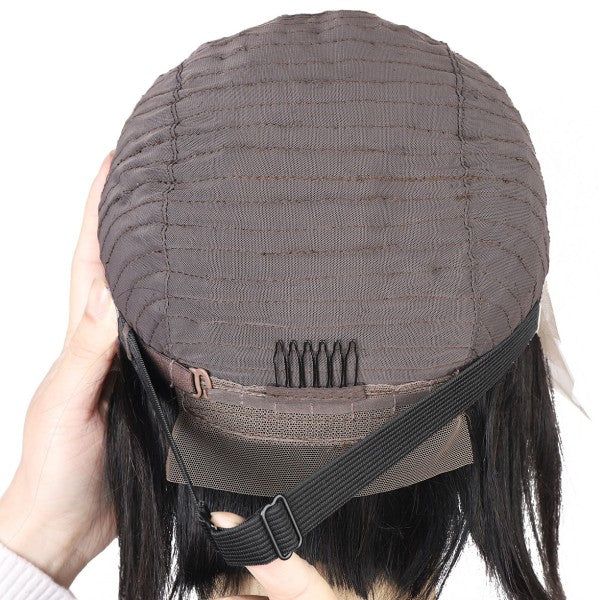 Underside View of a Wig With Adjustable Elastic Band for Secure Attachment