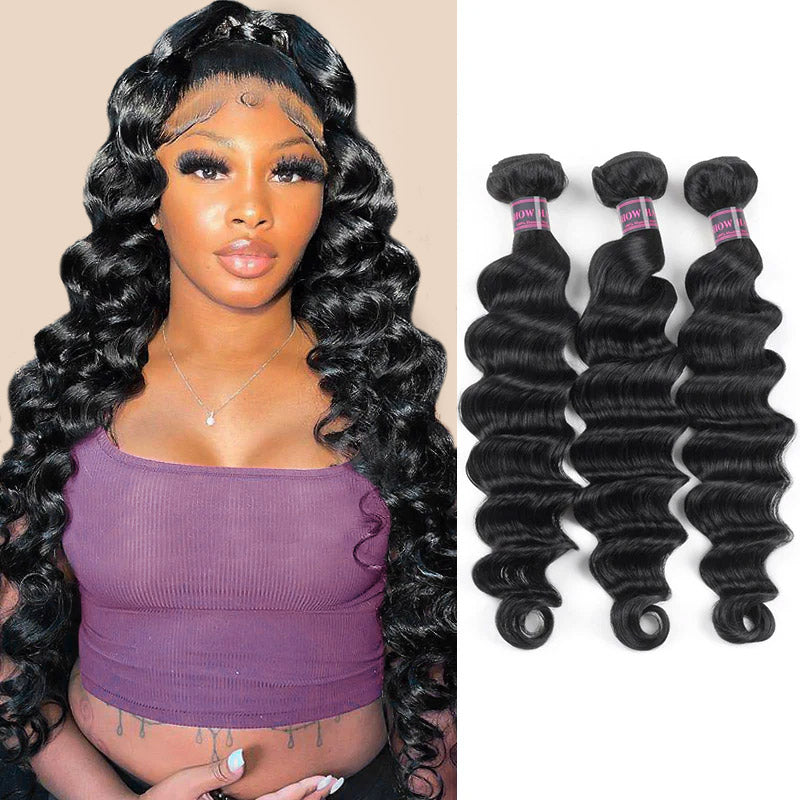 Model Wearing Ishow Jet Black Loose Deep Wave Bundles Beside 3 Bundle Pieces