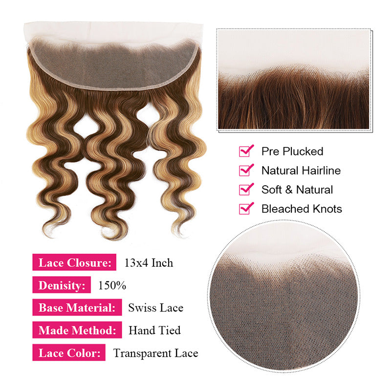 P4/27 Honey Blonde Body Wave Lace Closure Wig Features, 13X4 Swiss Lace, Pre-Plucked Hairline