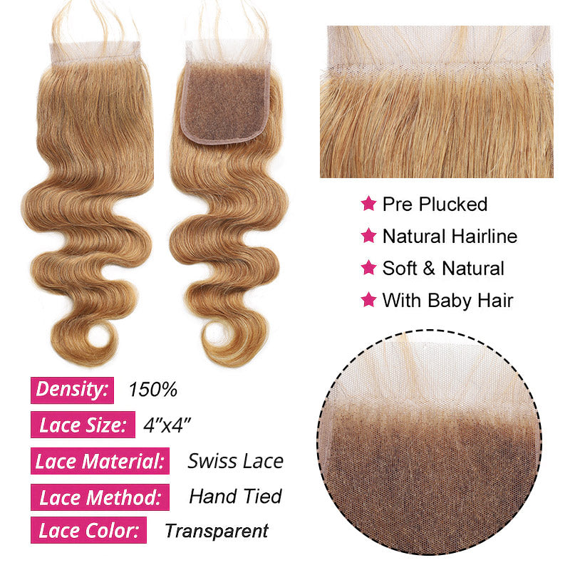 Body Wave Honey Blonde Lace Closure 27# Hair Color With Pre Plucked and Natural Hairline