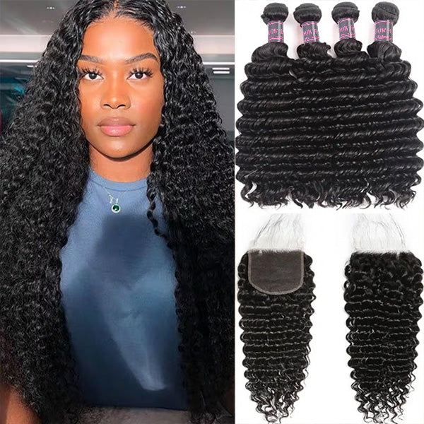 Deep wave Peruvian virgin human hair weaves in natural black, showing 4 bundles with a 5x5 lace closure.