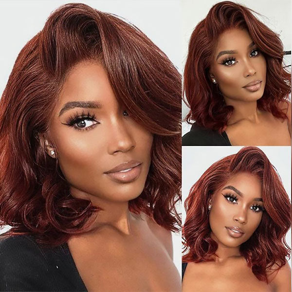 Auburn brown body wave bob wig on mannequin with pre-plucked hairline and baby hairs, shown from multiple angles. Includes middle part and detailed lace frontal.
