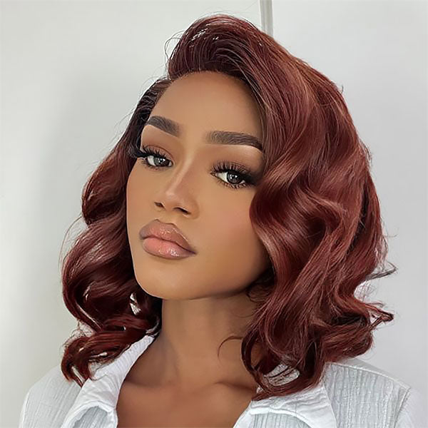 Auburn Brown Body Wave Wig Styled On a Model With a Smooth, Shiny Texture