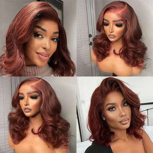 Auburn Brown Body Wave Wig Showcased On Model and Mannequin With Soft Curls