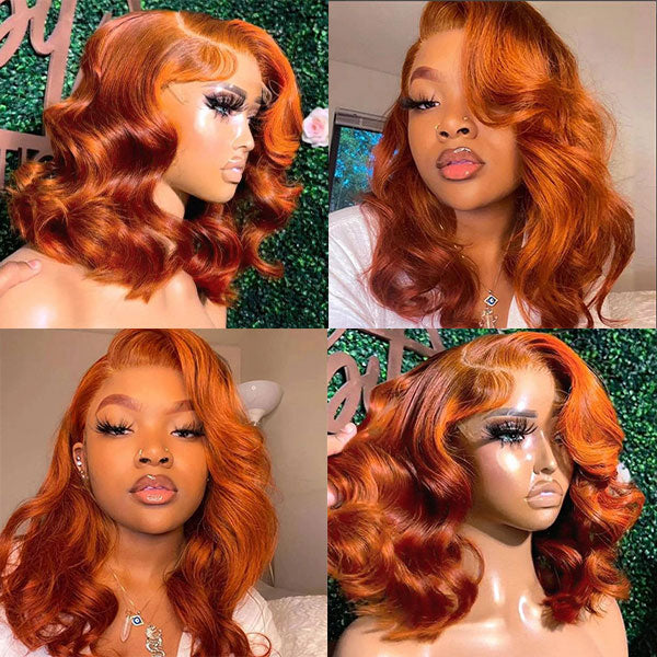 Model wearing a ginger orange body wave lace frontal bob wig with pre-plucked hairline, styled in three different angles for a natural look.