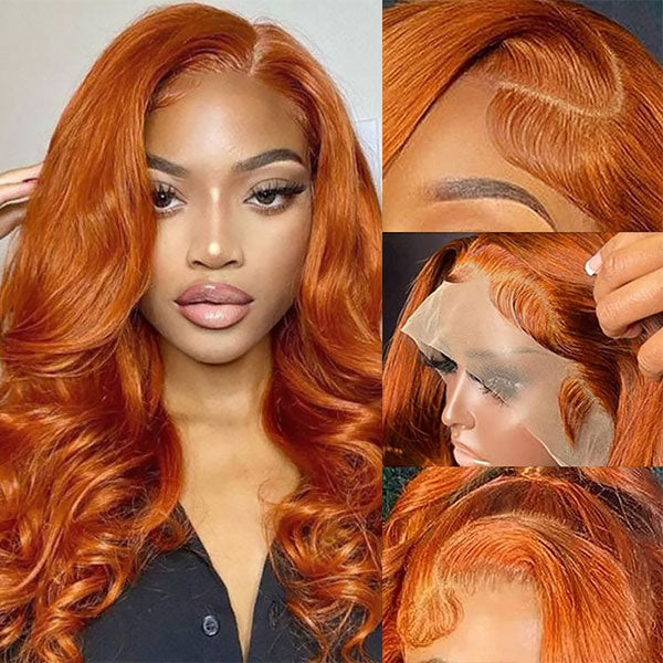 Ginger Orange Body Wave Lace Frontal Wig With Baby Hair Styled On a Model