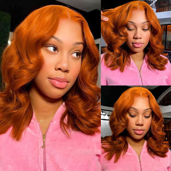 Ginger Orange Body Wave Hair Wig On Woman in Pink Outfit, Showcasing Different Angles
