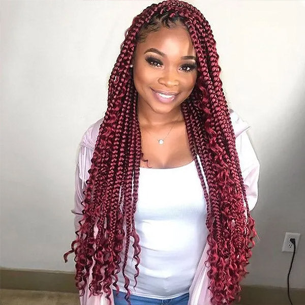 Woman With Burgundy Braids and Body Wave Hair