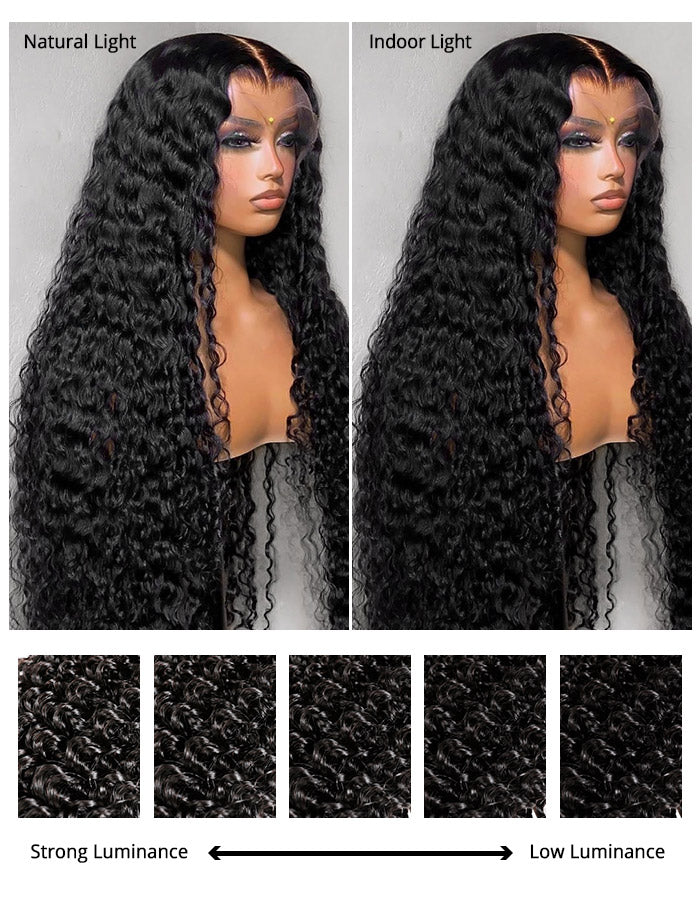 Natural Black Deep Wave Full Lace Wig Under Natural and Indoor Lighting Settings