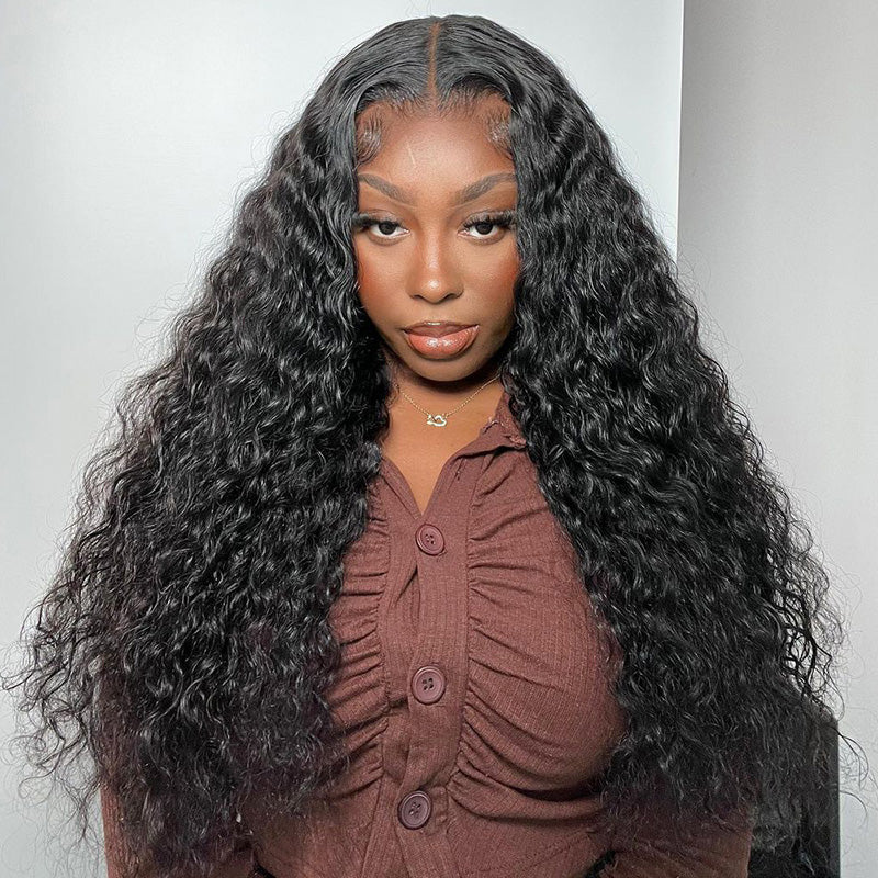 Model Wearing Long Water Wave Human Hair Wig in Natural Black Color