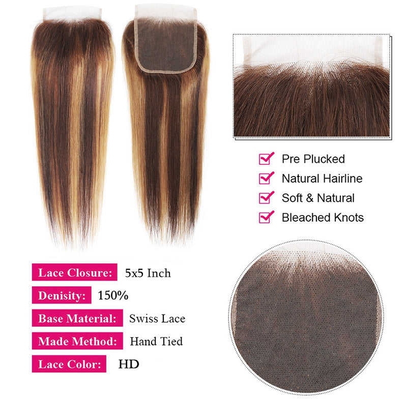5X5 HD Lace Closure With Honey Blonde Highlight Straight Hair, Swiss Lace, Bleached Knots