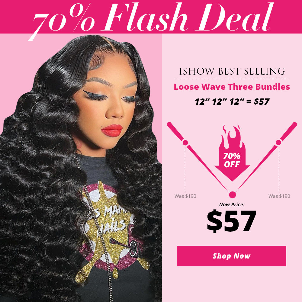 Ishow Beauty promo: Woman with long loose wave black hair and three bundles of loose wave human hair extensions. Shop 100% human hair bundles for a luxurious style.