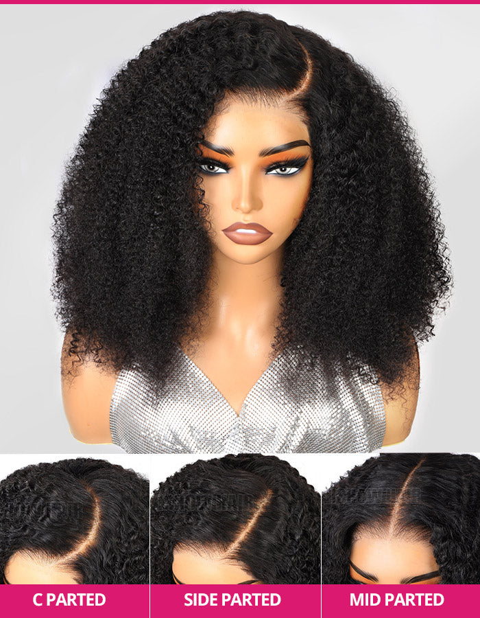 Kinky Curly Wig Styled in C, Side, and Mid Part Options With Natural Texture