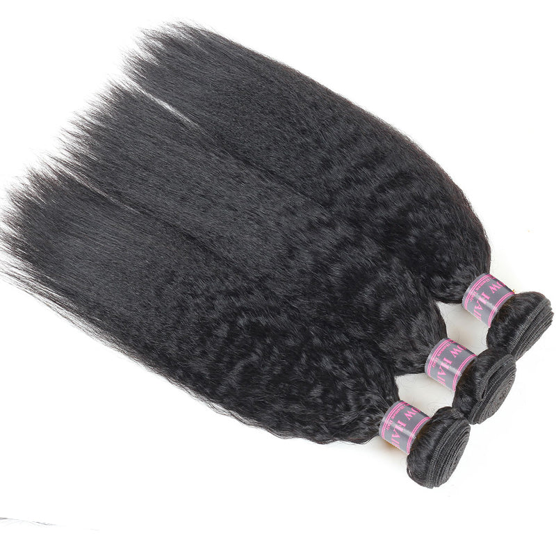 Three Brazilian Yaki Straight Hair Bundles in Natural Black With Pink Labels