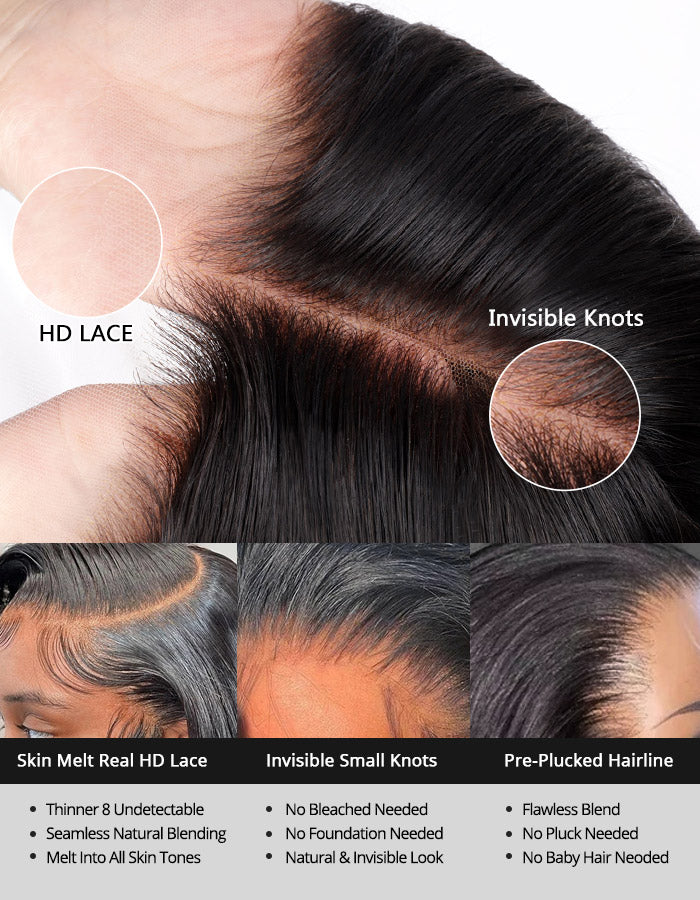 Detailed View of HD Lace Wig With Invisible Knots and Natural Pre-Plucked Hairline