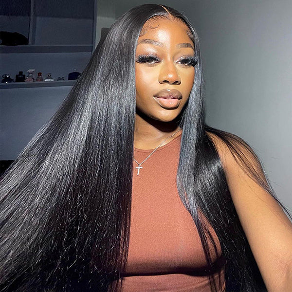 Model Showcasing Straight PPB Invisible Knots Lace Frontal Wig in Natural Black