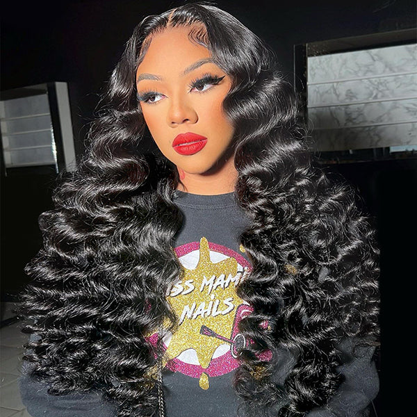 Woman showing Ishow Invisible Knots HD Lace Glueless Human Hair Wig with loose deep wave texture in a collage of different angles, featuring text '@Kaviar Kez, Wig Info: 5x5-28 inch.'