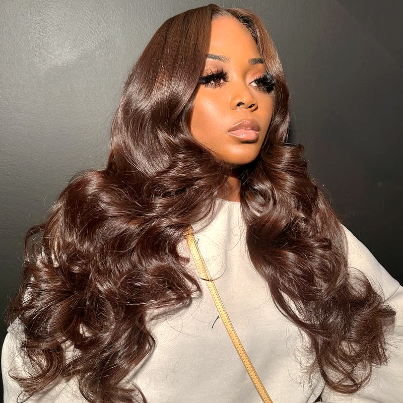 Model Wearing a Chocolate Brown Body Wave Lace Frontal Wig With Visible Curls and Hairline