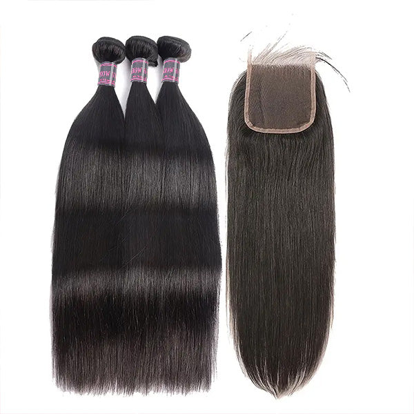 Three Brazilian Straight Hair Bundles With a 5X5 Lace Closure, Smooth Natural Black