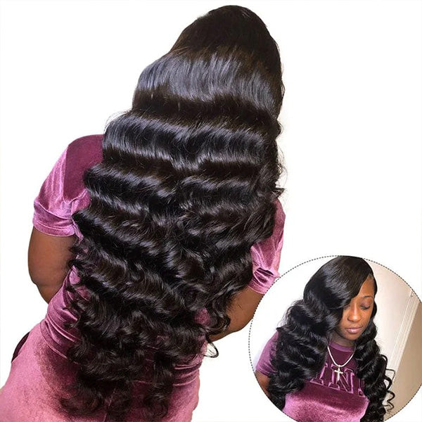 Loose Deep Wave Human Hair Wig Model in Natural Black, Showcasing Voluminous Style
