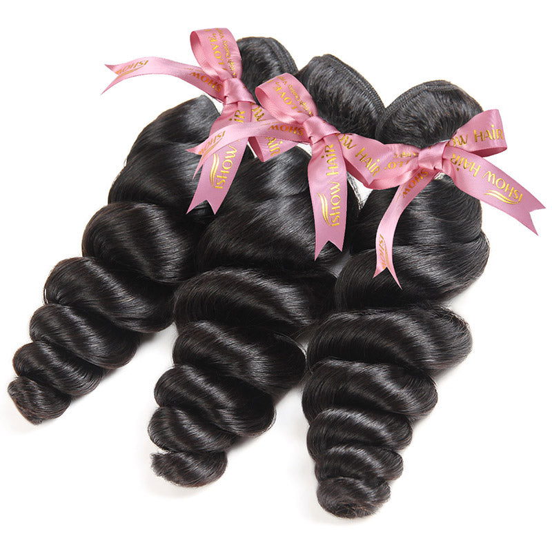 Three Bundles of Loose Wave Black Hair Weave With Pink Ribbons