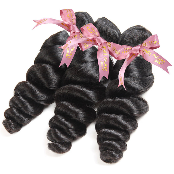 Three Bundles of Loose Wave Black Hair Weave With Pink Ribbons