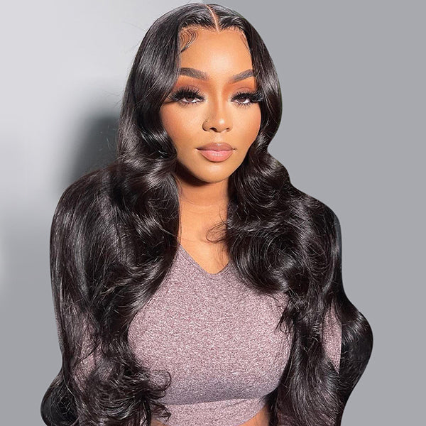 Model Showcasing Body Wave Glueless Lace Frontal Wig in Natural Black Color