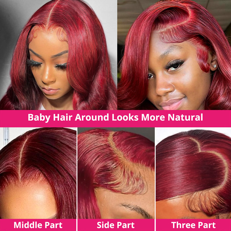 99J Burgundy Lace Front Wig Styled in Middle, Side, and Three Parts With Natural Baby Hairs