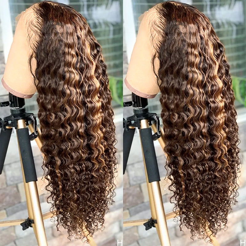 Balayage Highlight Lace Front Wigs Deep Wave Lace Frontal Wigs Pre Plucked Human Hair Wigs