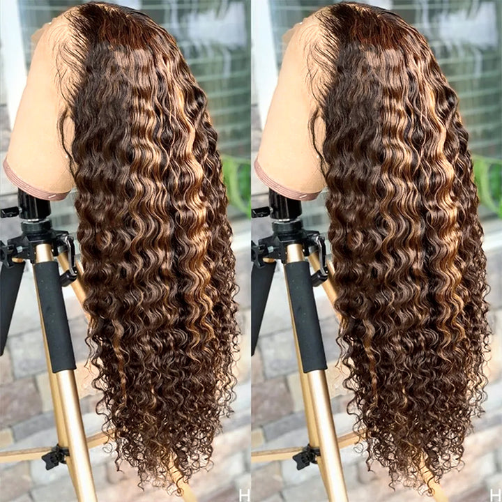 Balayage Highlight Lace Front Wigs Deep Wave Lace Frontal Wigs Pre Plucked Human Hair Wigs