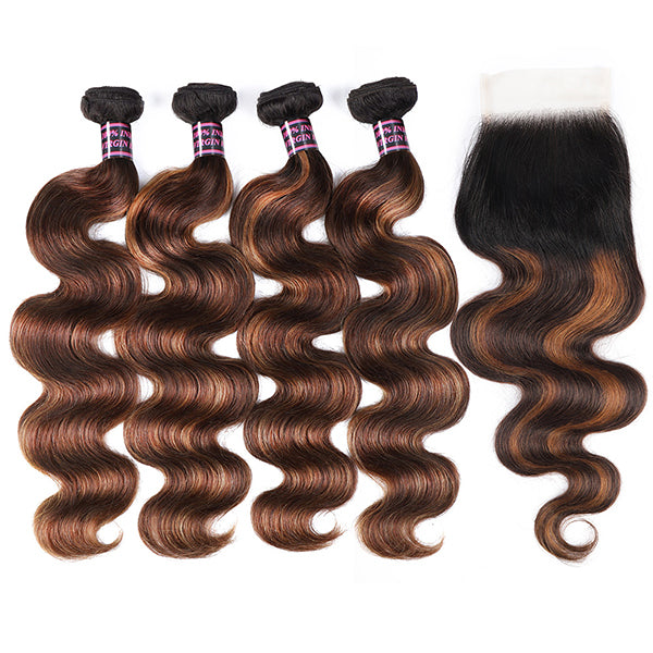 Body Wave Human Hair Bundles T1B 4/30 With Lace Closure