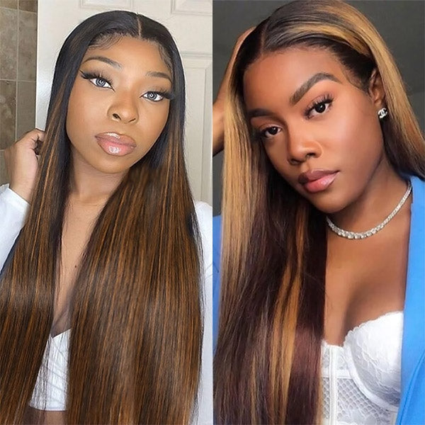 Models Displaying Long, Silky Straight Hair in T1B 4/30 Color With Seamless Highlights
