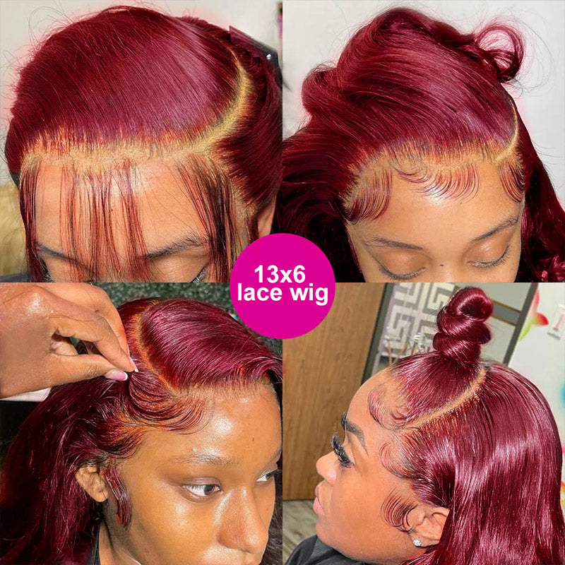 Collage of 99J Burgundy Lace Wig With Natural Hairline and Styling Options