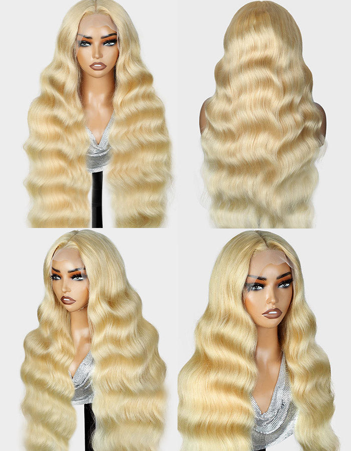 Glamorous Model Showcasing 613 Honey Blonde Body Wave Wig From Different Angles