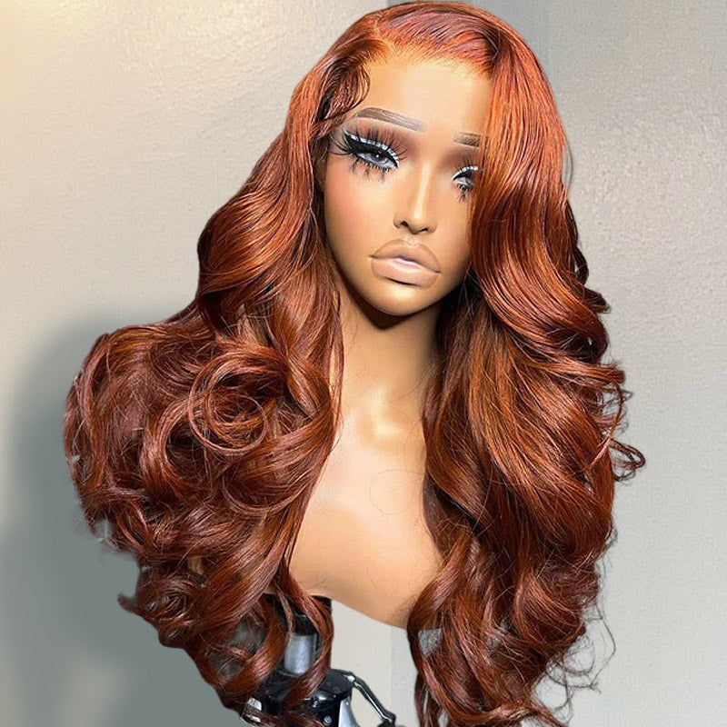 Dark Copper Ginger Brown Loose Body Wave Wig Displayed On a Mannequin